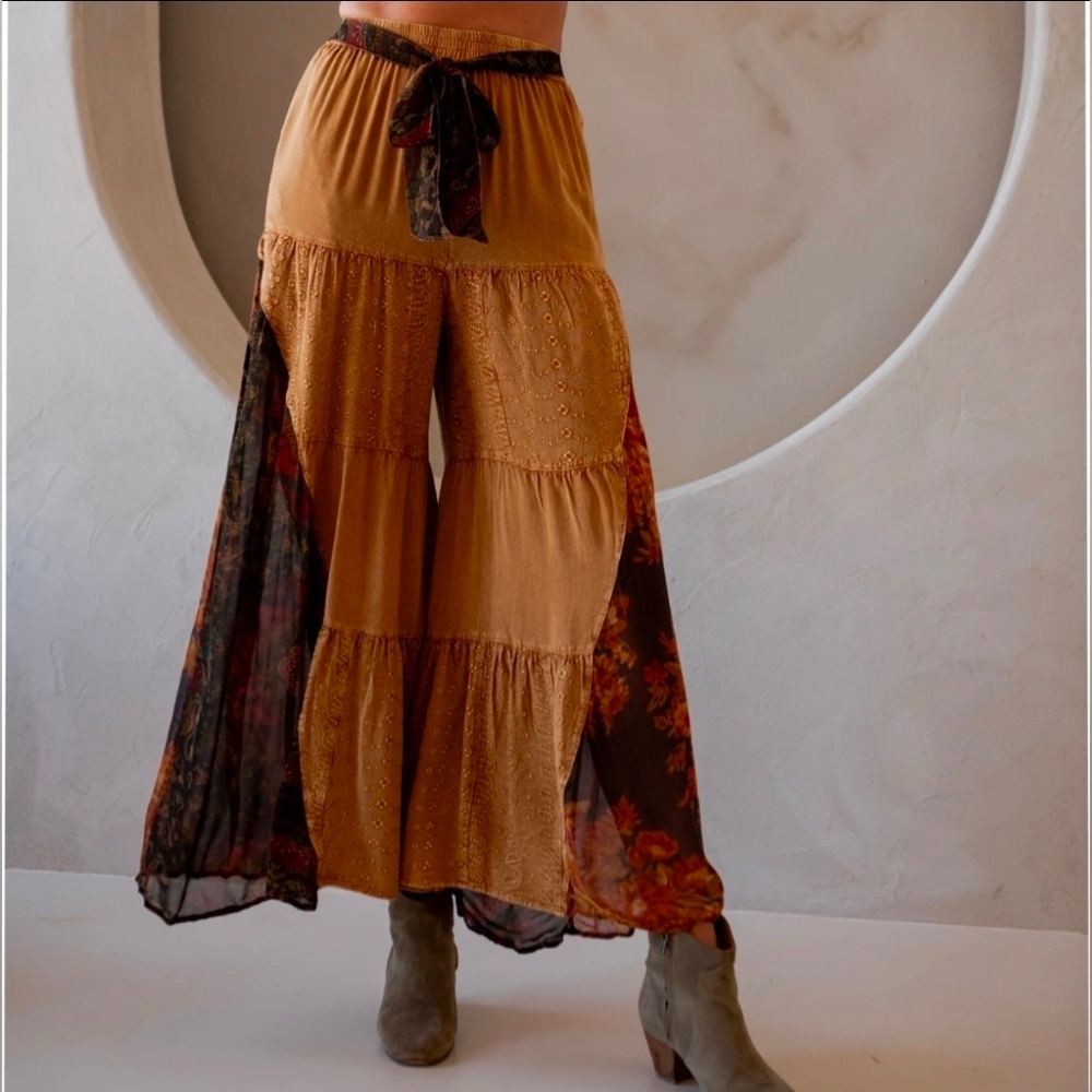 NEW!! Young Threads Boho Tiered WideLeg Pants with Floral Patchwork, SZ Lrg,NWT